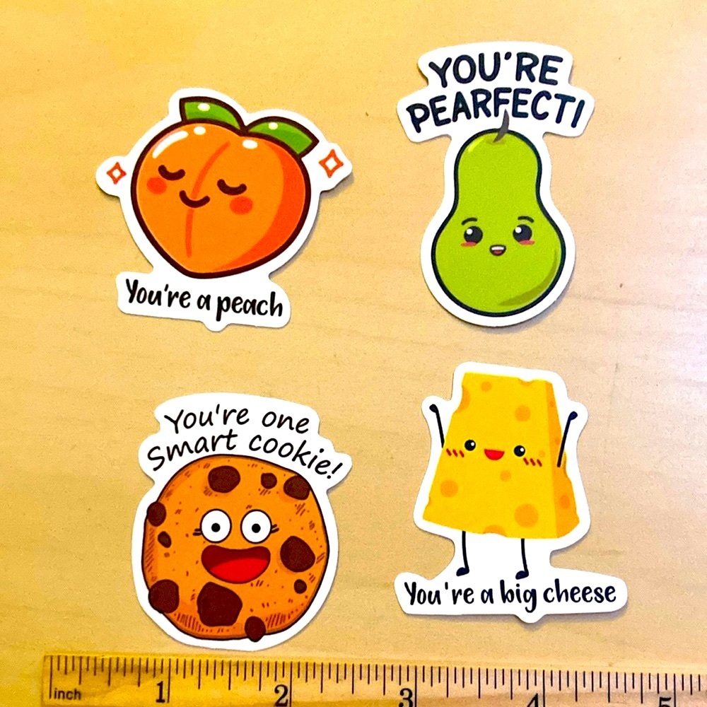 10/$10 or $1 BUNDLE: 4 Pun Fun Stickers: For “YOU” 🧀 🍐 🍪 WATERPROOF!